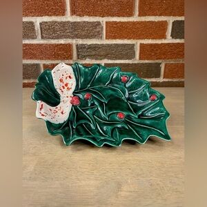 Vintage Holland Mold Holly Leaf With Berries Ceramic Christmas Candy‎ Dish 10x7”